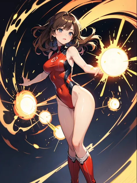 masterpiece, best quality, 1girl, superhero, two-tone leotard, bare legs, knee boots, matching boots, heroic, standing, body infused with energy, light particles, solo, single, cowboy shot, perfect anatomy, brown hair, beautiful detailed eyes, spread arms,...