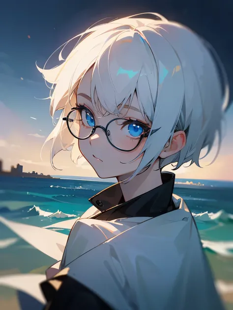 (masterpiece, best quality:1.1), 1girl, solo, short hair, white hair, blue eyes, blue eyes, wuthering waves, post apocalypse, close up, night, glasses, portrait, cute,