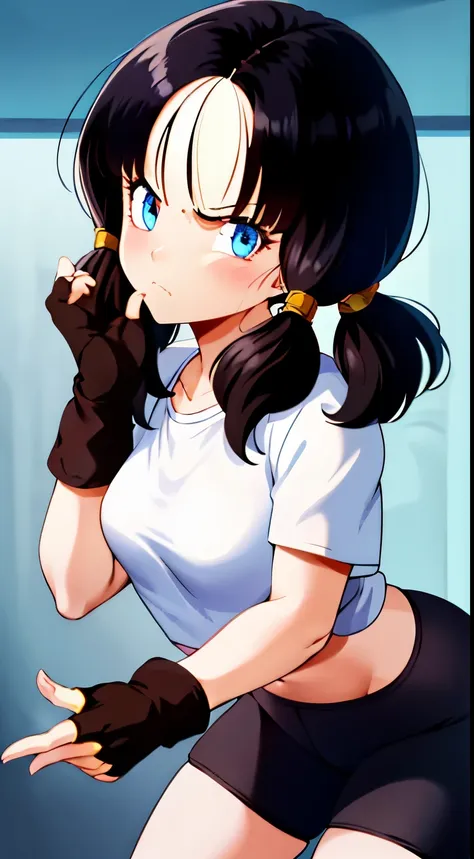 saw 2, alone, blue eyes, black hair, twin tails, black gloves, bicycle_shorts, bangs, white shirt, badge,medium breasts, cowboy ...