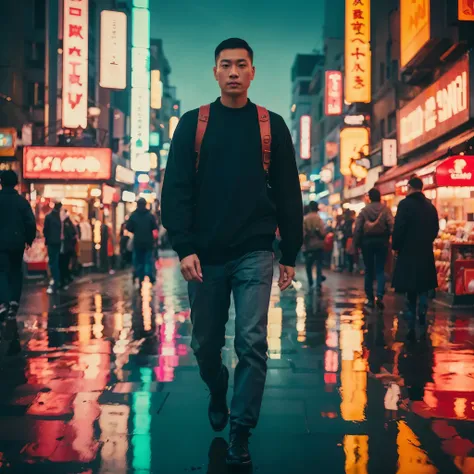 A stylish an asian man with short hair, height 170 cm and weight 70 kg,walks down a Tokyo street filled with warm glowing neon and animated city signage. he wears a black sweater and jacket, a Levis jeans pants, and black boots, and carries a back. he walk...