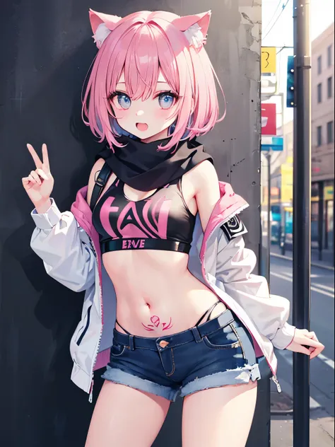 Very beautiful and shining eyes、shining eyes、1 girl、small breasts、big mouth、high school girl、stomach tattoo、small breasts、Cat ear、pink hair、handcuffs、scarf、shaggy hair、punk clothes、white hot pants、oversized jacket、near future、neon street