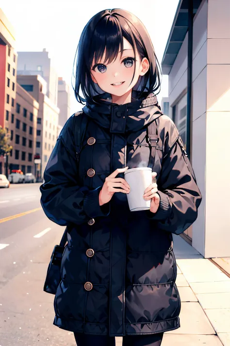 (morning), 1 girl, alone, looking at the viewer, winter, cowboy shot, (downtown), cowboy shot, smile, black hair