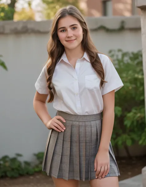 delicate 13-year-old girl in pleated plaid skirt, blouse, private school outfit, light brown hair, freckles, beautiful face and eyes, light complexion, ideal build, small breasts, school scenery, classroom, students with backpacks, photorealism, private sc...