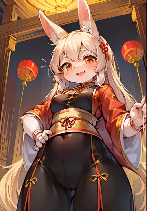 Bunny Girl，bunny ears，Characteristics of a three-year-old girl，female focus，Furry women ，Furry loli ，Height 1.6 meters，Chinese traditional clothing，Stand upright，happy