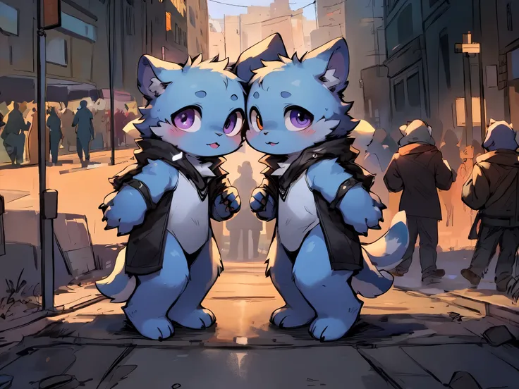 A furry，blue body，One eye is orange and one is purple，stand，cute，on the street