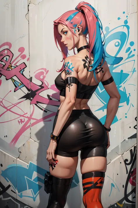 masterpiece, best quality, 25 years old beautiful woman, long hair, (mature face:1.4), 1woman, solo, crop top, red leggings, choker, (from behind:1.4), plumb ass, thick thighs, thin waist, (graffiti:1.5), paint splatter, arms behind back, against wall, loo...