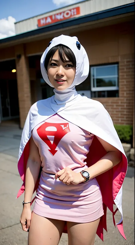 Arafe woman posing for a photo wearing a pink outfit and cloak, professional cosplay, power girl, anime cosplay, by Shinoda Toko, by Akira Toriyama, full-cosplay, As a retro-futuristic heroine, Drawn like the anime Speed Racer, Inspired by Hiromu Arakawa, ...