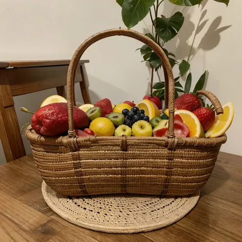 Cria a imagem de uma cesta com frutas dentro, a cesta deve estar em cima de uma mesa