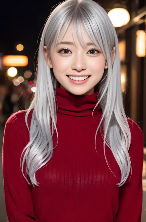 beautiful women in japan、1 person,very pretty and slim、outstanding style  、super high quality、very delicate face, skin and hair、long hair、straggling hair,(((((silver hair)))))、((Red Turtleneck Sweater Dress)),((chester coat,knee high boots))、Cover your che...