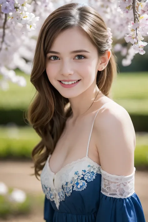 Masterpiece, Best quality, 8k, 18 ans, Photo brute, absurdes, Award-winning portrait, sourire, sourire, pure, french, elegant vibrant blue dress, spring, orchard in bloom, laces, actually love