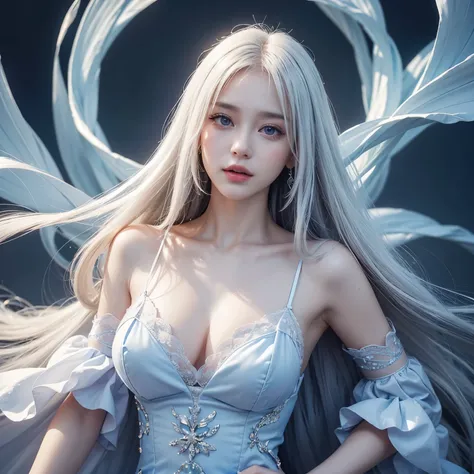 highest quality、masterpiece、(realistic:1.1), (((35-year-old, , Very cute face)))、super long straight hair、white hair color, bangs between the eyes、white skin、glowing skin、 princess dress, frontage、detailed face、so beautiful、Sparkling vivid purple eyes、(bri...