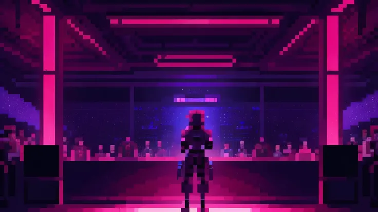 Pixel perfect, Industrial, Futuristic, red lighting and purple lighting, scifi, inside a club, camera panned distantly behind player, player is wearing metallic armor, player is looking away from the camera, player is looking towards the crowd, crowd on da...