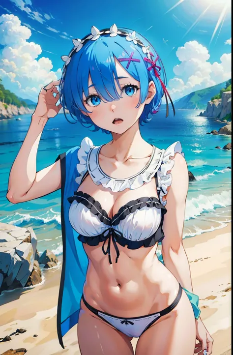 1 girl, Rem, (white bikini:1.2), Medium chest, on the beach, open your mouth,, (masterpiece:1.2), High resolution, highest quality, 8k,