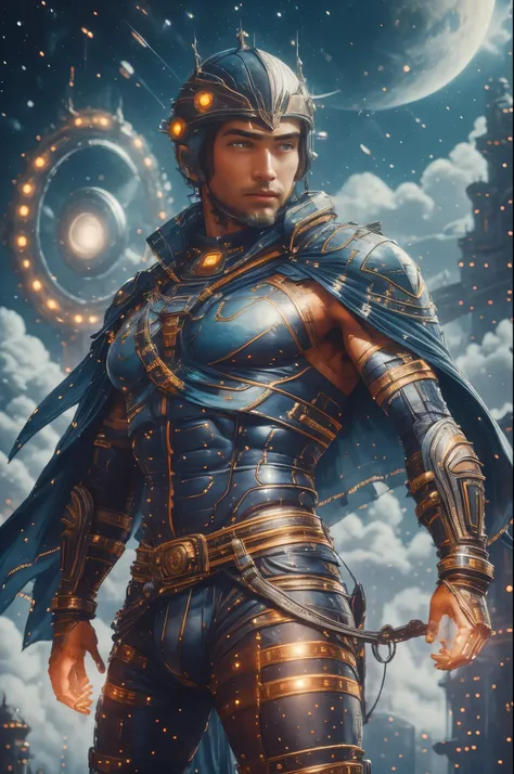 COMG3O，(ultra-detailed, realistic:1.37),hero in an alternate universe,exquisite armor,sharp sword,glowing magical powers,heroic stance,otherworldly background,majestic landscapes,vibrant colors,epic battle,victory celebration,surrounded by mythical creatur...