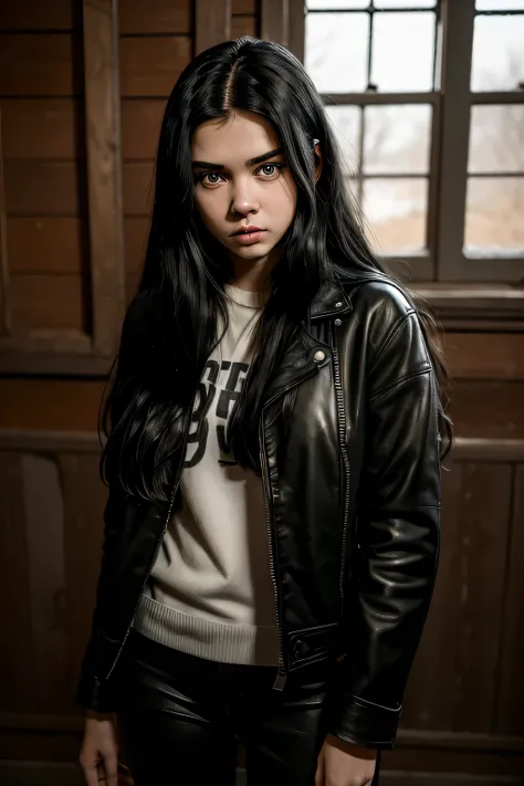 portrait of 17 years old girl named Alya, long black hair, wearing black leather, jacket, black jeans, white sneakers, soft lighting, very detailed faces, 4 k, award winning, 1girl, in the old house, dust, spooky, terrifying, horror,