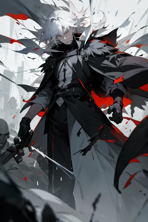 Black male with white hair, a grim expression on his face, stands amidst the chaos of battle. Surrounding him are the lifeless bodies of his comrades, their sacrifice made in vain. The rain pours down heavily, giving the scene an ethereal, mournful quality...