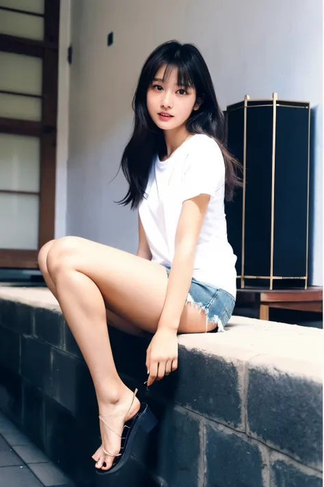 ((highest quality)), ((masterpiece)), (be familiar with),full body image、 perfect face,woman、Age 30 years old、Japanese、Height: 172cm、glamorous、bust 95cm、Waist 63cm、Hips 98cm、Wear a tight T-shirt、wear a miniskirt、Denim miniskirt、wearing sandals、fleshy、baref...