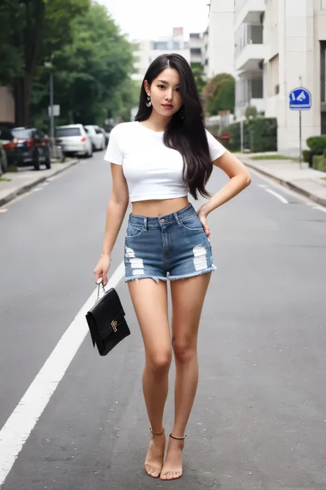 ((highest quality)), ((masterpiece)), (be familiar with),full body image、 perfect face,woman、Age 34 years old、Japanese、Height: 175cm、glamorous、bust 95cm、Waist 63cm、Hips 98cm、Wear a tight T-shirt、wear a miniskirt、Denim miniskirt、wearing sandals、fleshy、baref...