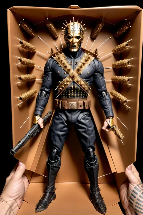 dutch angle, (actionfigurequiron style), solo, pinhead (hellraiser series) roses box art,
(action figure box:1.2), weapon, no hu...