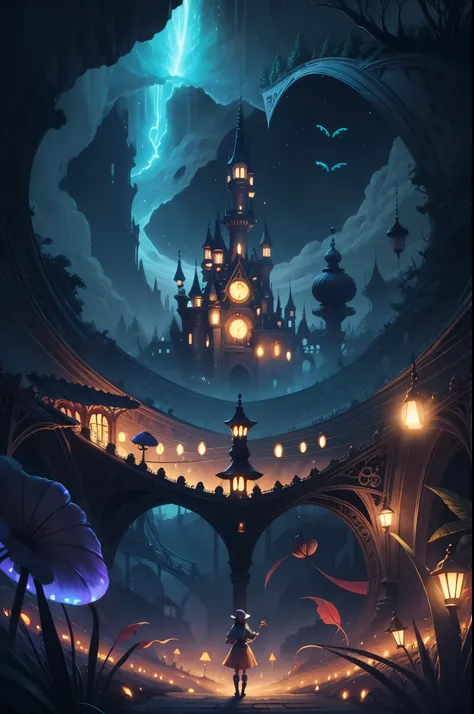 Alex in wonderland, the land of OOZ and O, fantasy cats in nighttime mushroom town bioluminescent, mushrooms bigger than a cat, black cats, white cats, mice, fairies, elves, fairy lanterns, lighted windchimes,