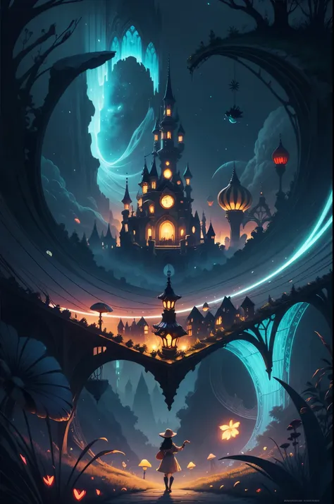 Alex in wonderland, the land of OOZ and O, fantasy cats in nighttime mushroom town bioluminescent, mushrooms bigger than a cat, black cats, white cats, mice, fairies, elves, fairy lanterns, lighted windchimes,