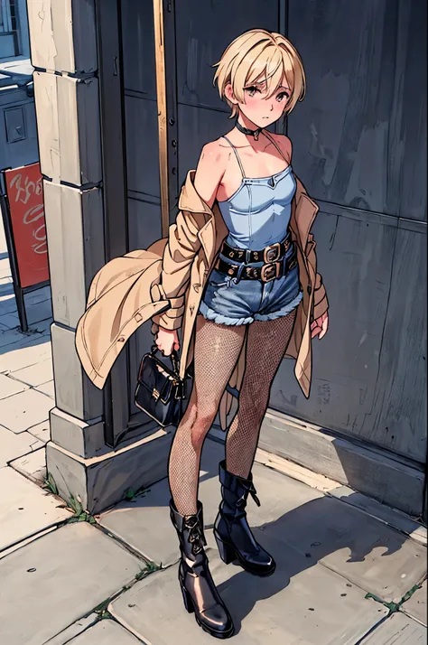 best quality,ultra-detailed,((background:outside street1,8)),(walk in the street),(cowboy shot),((one boy)),((fem boy)),((trap)),((bulge)),black-choker,((blonde short hair)),((man’s face)),((dress up as a woman)),((blush)),((flustred)),((poor chest)),((fla...