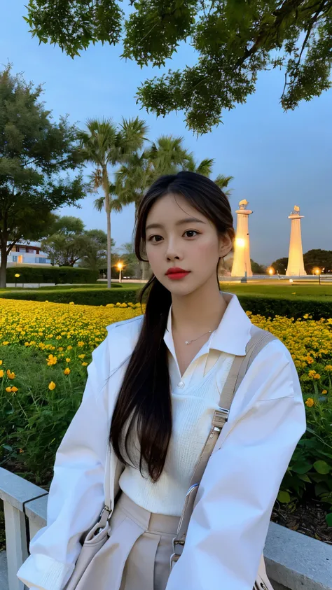 （Highly detailed body，very detailed face，best quality best：1.2） ，The woman，look at the viewer，White suspenders，（Night city park in the background：1.4），( (8 thousand:1.27), best quality best, masterpiece, ultra high resolution:1.2) Photo of a beautiful Asia...