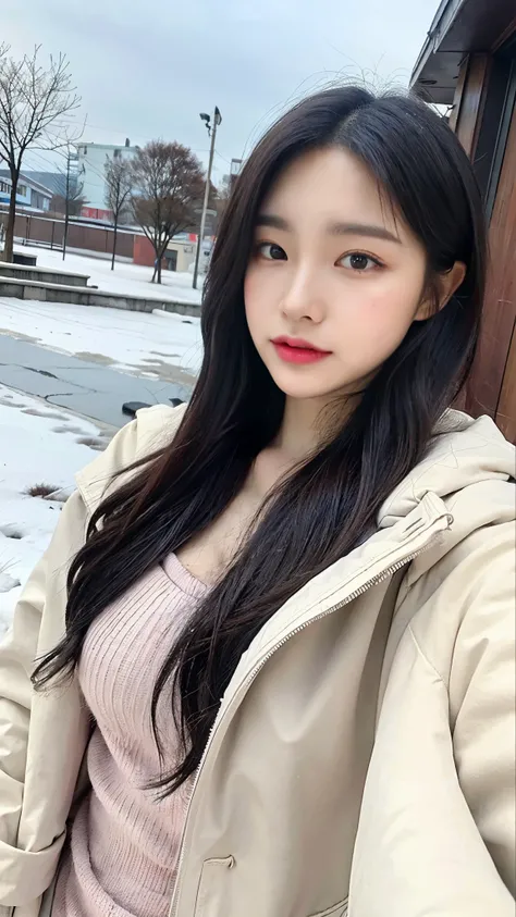 realistic photos oF (1 Cute Korean Star) shoulder length hair, light makeup, medium breast size, Wearing a coat, in the snow, clear Facial Features, 8K high resolution, Sharp, realistic detail.From outside, Eye level shooting, F/4.0, 135mm, FujiFilm, jpeg ...