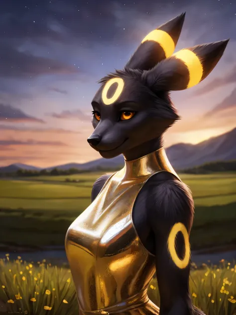 (by pixelsketcher:0.6), (by personalami :0.6), solo, female,Umbreon,canine,detailed background, (cinematic lighting:1.1), (perfect focus:1.1), 8k hd, photo, (detailed eyes:1.2),depth of field, bokeh, subsurface scattering, perfect breasts, wide ,(metallic ...