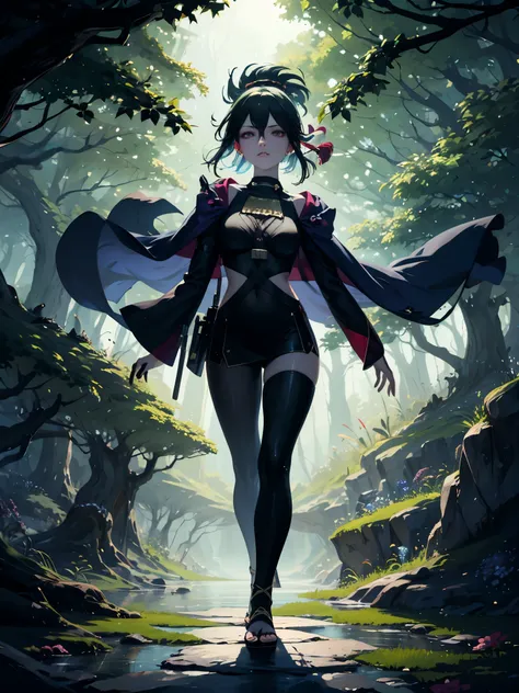 (best quality,16k,1080P,masterpiece,ultra-detailed:1.37),anatomically correct female Ninja,enchanting magical forest,wild and mystical background,ray of sunlight filtering through the trees,leaves gently swaying in the breeze,hidden ancient ruins covered i...