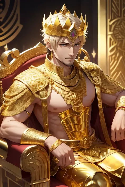 best quality, FGO, Hero King Gilgamesh, super handsome, enshrined on the throne, (shining gold plated:1.4), background golden castle of ancient Mesopotamia