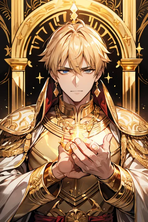 best quality, FGO, Hero King Gilgamesh, super handsome, enshrined on the throne, (shining gold plated:1.4), background golden castle of ancient Mesopotamia