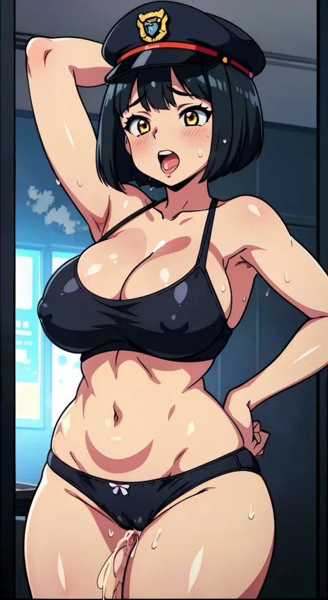 (perfect body),highest quality,(8K portrait),(anime screen cap)、(nsfw)、female police officer、((surprised)),blush,Sweat,((big breasts))、police hat、(black hair),((bob cut))、yellow eyes,(thick thighs),big ass、((gray sports panties、gray sports bra))、grit your ...