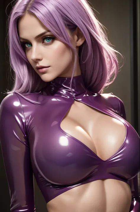 one girl, long light purple lilac hair, realistic detailed green eyes, cleavage, large , hard nipples through shirt, wearing shiny bright burgundy red latex outfit, masterpiece, front facing, forward facing, soft abs, high cheekbones, close up+