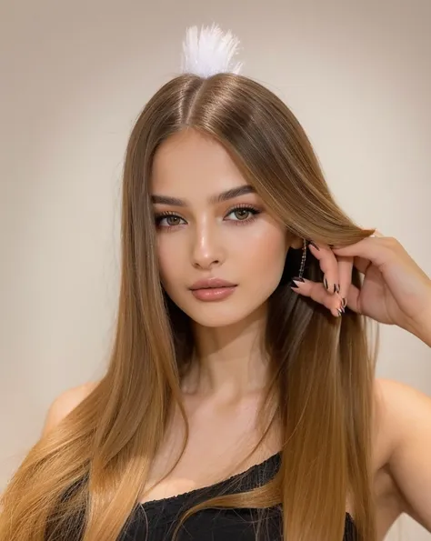 arafed woman with long hair and black dress brushing her hair, retrato de sophie mudd, anna nikonova aka newmilky, peinado recto...