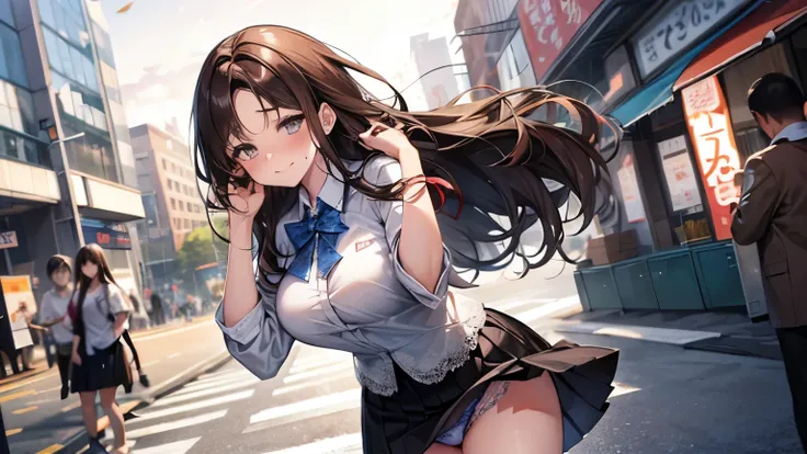 1 female,dark brown hair,long wavy hair、20 year old woman、medium big breasts、((impatient look)),Beautiful Chuo University、white shirt,mini flare skirt,good style,,(facing the front)、(Cute expression with a shy smile)、((cheeks turn red、embarrassed look)),((...