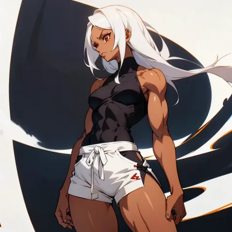 athletic build with muscular arms and legs. She has dark skin, red eyes slanted slightly inward, long eyelashes, and straight white hair passing past her waist, Wearing ordinary clothes 