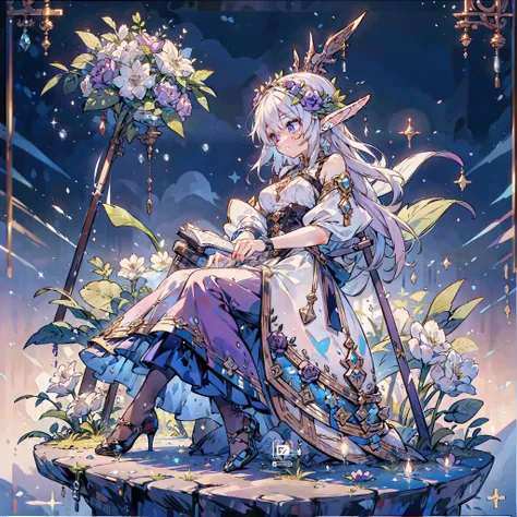 Young man, dark elf, silver hair, purple eyes, brown skin, fantasy world folk costume, exaggerated clothing, intricate ornamentation, rock style, gothic style, official art, picking blue-purple flowers to make bouquets in an elven hideaway village. Chic an...