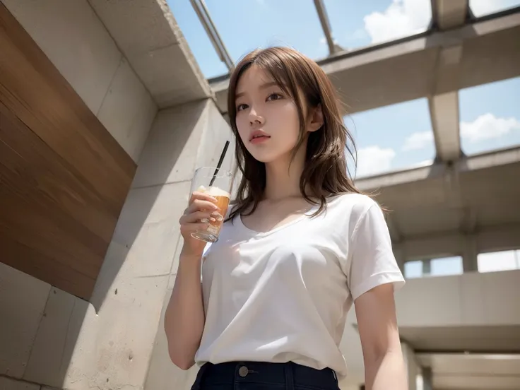 ((highest quality, 8k, masterpiece: 1.3)), sharp focus: 1.2, (realistic, photo-realistic:1.37), cute face, 18-year-old, small breasts, flat chest, brunette short messy hair, walk, salute, white shirt, camisole, skirt, airport, Terminal, station, drinking s...