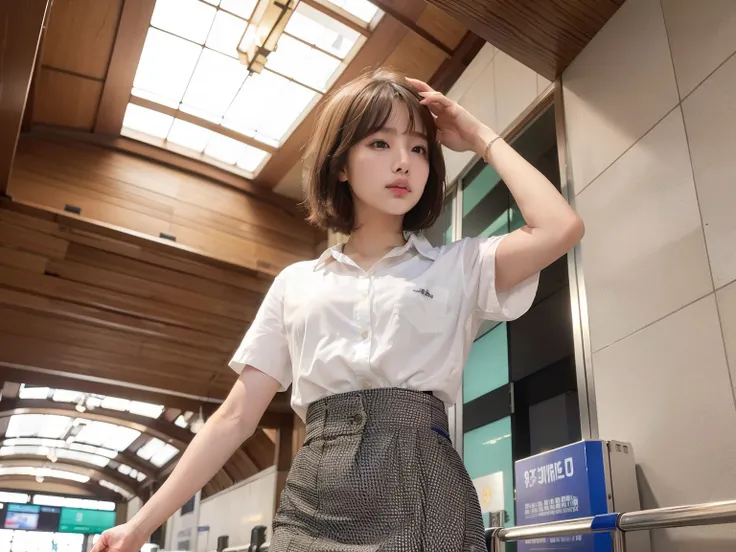 ((highest quality, 8k, masterpiece: 1.3)), sharp focus: 1.2, (realistic, photo-realistic:1.37), cute face, 18-year-old, small breasts, flat chest, brunette short messy hair, walk, salute, white shirt, camisole, skirt, airport, Terminal, station, drinking s...