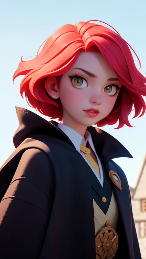 1 girl, pink short hair,(赫奇帕奇学院斗canopy),( canopy:1), (coat black:1),yellow Eye, looking at the audience, alone, Upper body,(masterpiece:1.4),(best quality:1.4),red lips,open lips, Hogwarts Castle:1,dramatic shadows,Extremely_beautiful_detailed_Japanese car...