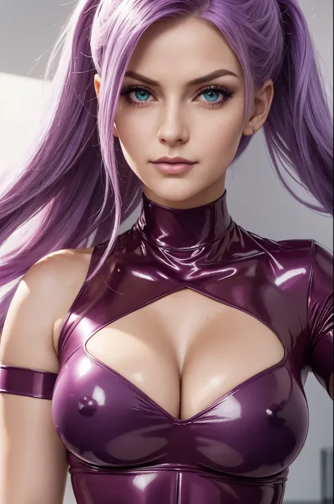 one girl, long light purple lilac hair, realistic detailed green eyes, cleavage, large , hard nipples through shirt, wearing shiny bright burgundy red latex outfit+, masterpiece, front facing, forward facing, soft abs, high cheekbones, close up+