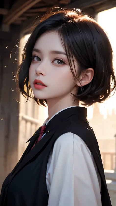 1 girl, pink short hair,(赫奇帕奇学院斗canopy),( canopy:1), (coat black:1),yellow Eye, looking at the audience, alone, Upper body,(masterpiece:1.4),(best quality:1.4),red lips,open lips, Hogwarts Castle:1,dramatic shadows,Extremely_beautiful_detailed_Japanese car...