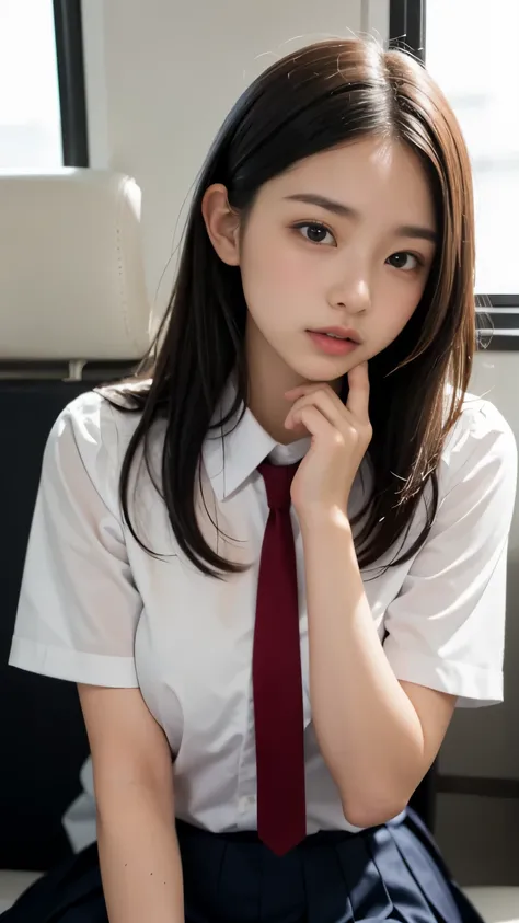 (masterpiece, Best Quality:1.2), 8K, 18 years old student, 85 mm, Official art, Raw photo, absurderes, White dress shirts, Pretty Face, close up, Upper body, violaceaess, gardeniass, Beautiful Girl, School uniform, (Navy pleated skirt:1.1), Cinch West, thi...