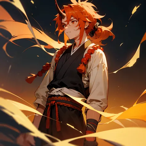 1male , Wavy Hair , Red Hair , Bright Orange Eyes , One Horn , Highlighted Orange Hair , Black Haori , Prayer Beads on Wrist , Hair Tied Back into a small Ponytail , Adult Male , Muscular , Shaggy Hair , messy hair 