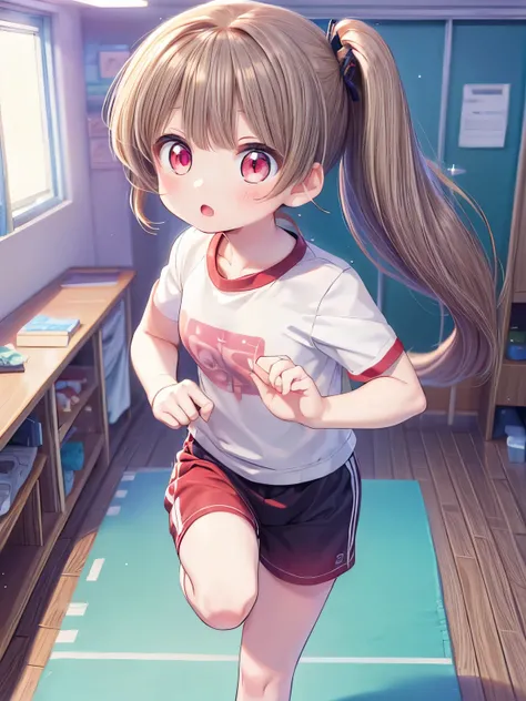 (masterpiece:1.2) , (best quality:1.2) , (ultra-detailed:1.2), 2.5D,extremely detailed,anime,girl,brown hair,side ponytail,BREAK,red eyes,BREAK,school gym,gmy shirt,(gmy buruma:1.2) ,action,comeltoe