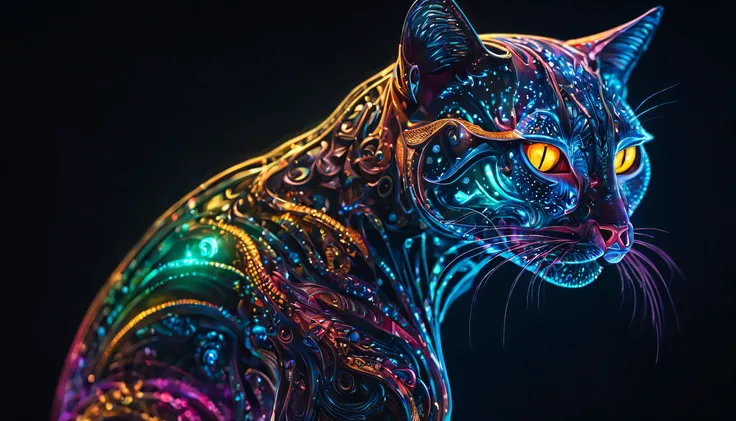 bioMechanical style Ultra detailed illustrations, phantom magical creature, (Translucent skin: 1.5), (translucent body: 1.5) The Art of Ms Schiff, neon lights, light particles, color, cmyk color, backlight, cyberpunk, close up, Mechanical, (whole body: 1.9...