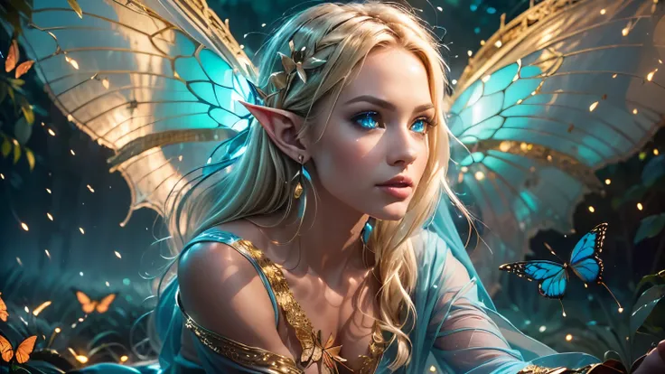 (Beautiful woman, detailed makeup, detailed facial features, Glowing blue eyes, seductive expression, blonde hair, large breasts:1.3, detailed elf ear, four fingers on each hand, detailed fingers, proportional hands, massive butterfly wings in the center o...