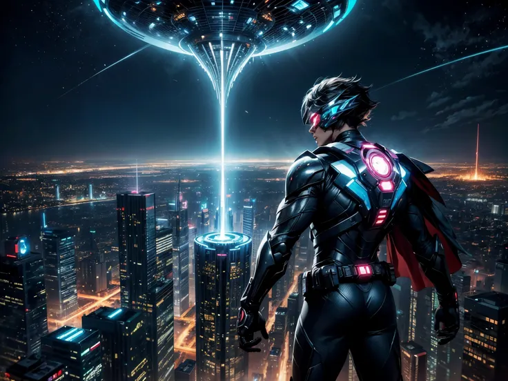 The prompt for the theme "Hero of Another World, flying over the future city" can be:

"hero, futuristic cityscape, flying hero, vibrant city lights, cinematic, detailed hero costume, breathtaking view below, high-rise buildings, advanced technology, neon ...