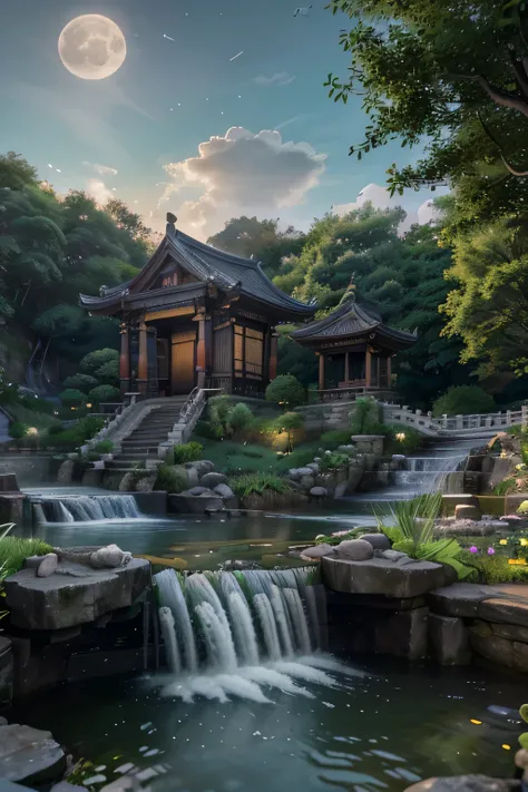 Ancient Chinese architecture, moon, midnight, garden, bamboo, lake, stone bridge, rockery, arch, corner, tree, running water, landscape, outdoor, waterfall, grass, rock, water lily, hot spring, water vapor, (Illustration: 1.0), Epic composition, realistic ...